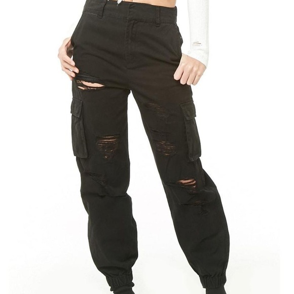 Forever 21 Black Distressed Denim Jogger Womens Size Large NWT 100% Cotton - Picture 1 of 13